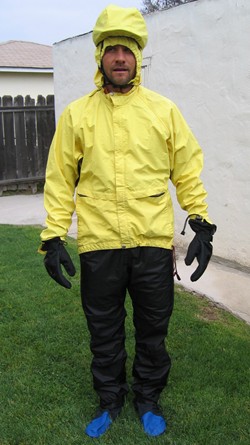 Richard Ligato wearing his absurd rain gear.  